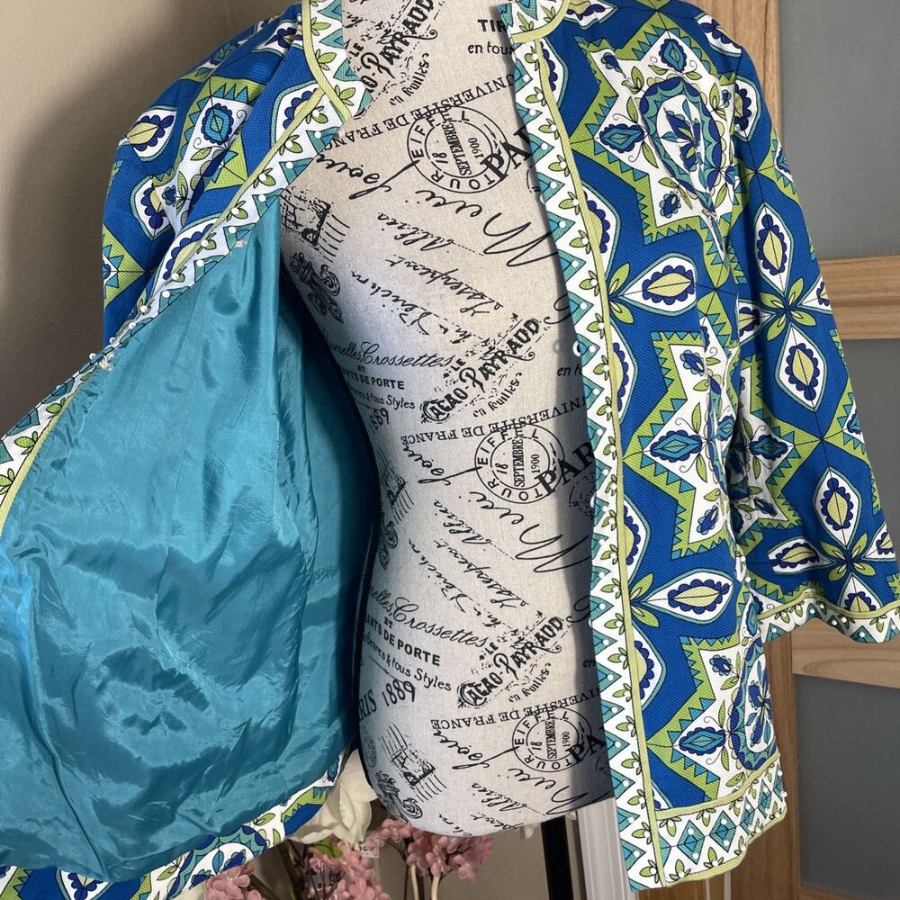 Chico's open front artsy colorful blazer size "2" blue 3/4 sleeve - Picture 5 of 9